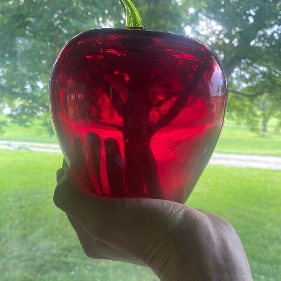 Vintage Viking Rainbow Ruby glass LARGE JUMBO APPLE paperweight MCM green stem - Picture 5 of 6